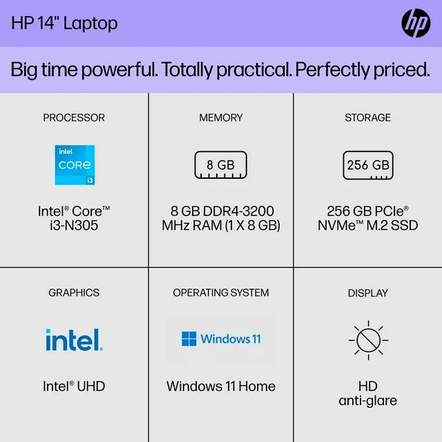 HP 14 inch Laptop Intel Core i3-N305 8GB RAM 256GB SSD