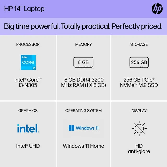 HP 14 inch Laptop Intel Core i3-N305 8GB RAM 256GB SSD